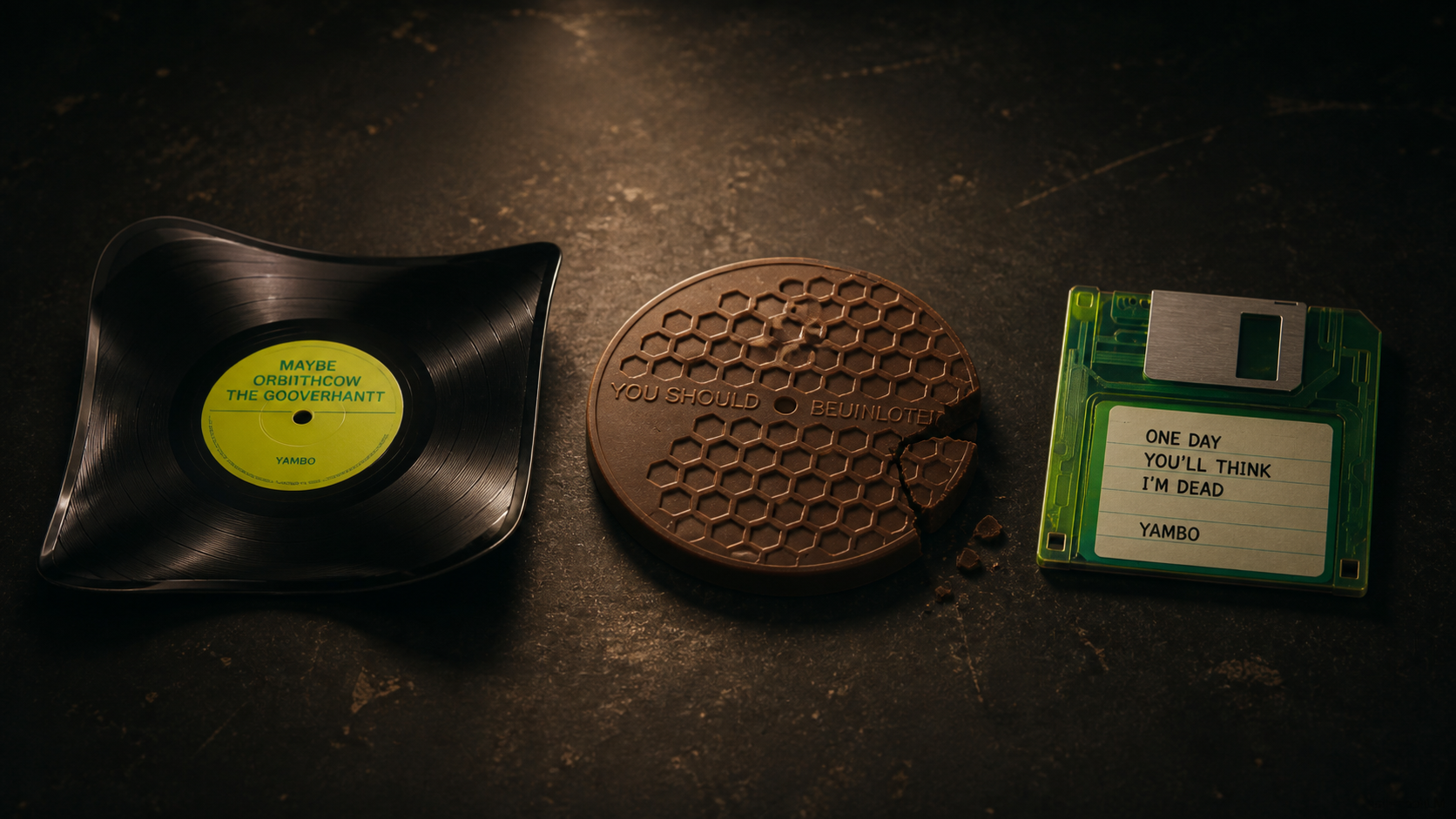A warped vinyl record, a honeycomb chocolate record, and a translucent green floppy disk on an evidence table.